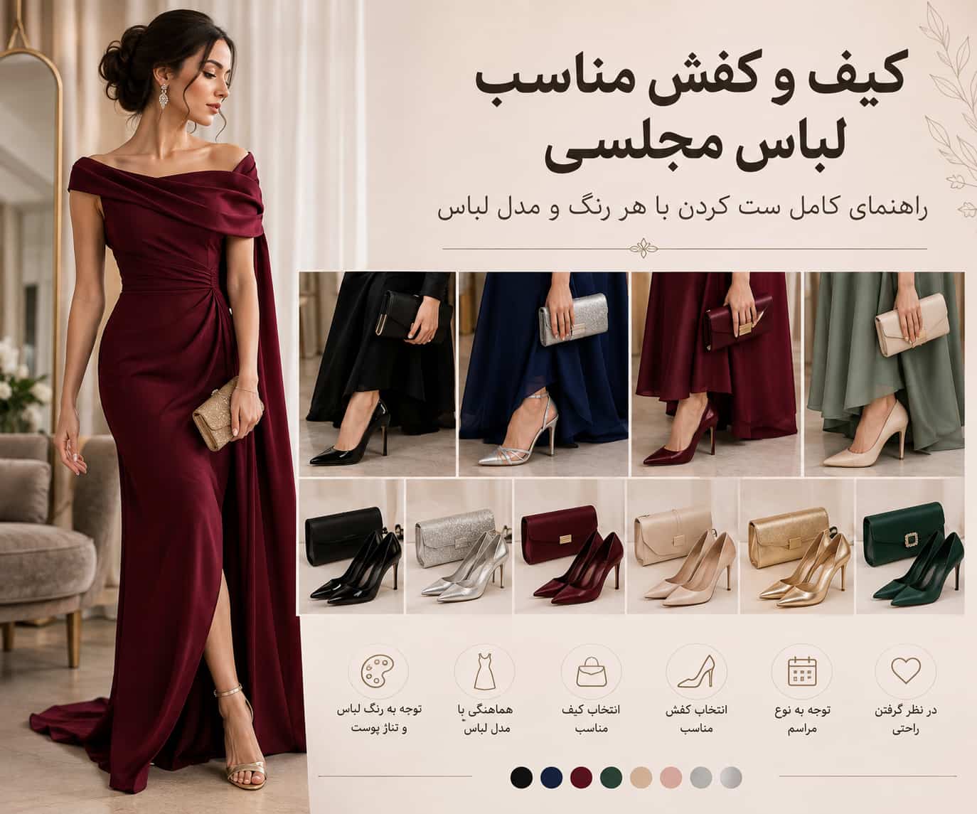 کیف و کفش مناسب لباس مجلسی | راهنمای ست کردن با هر رنگ و مدل لباس