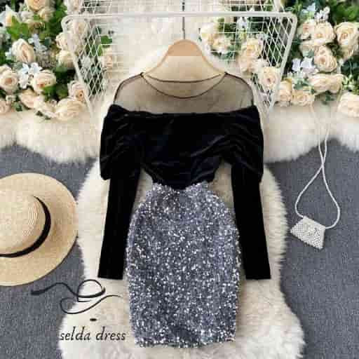 مدل لباس مجلسی کوتاه پولک و مخمل