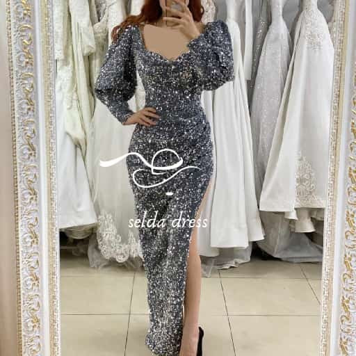 مدل لباس مجلسی پولکی نقره ای