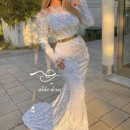 مدل لباس مجلسی پوشیده پولکی سفید