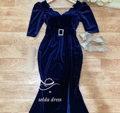 مدل لباس مجلسی مخمل سرمه ای