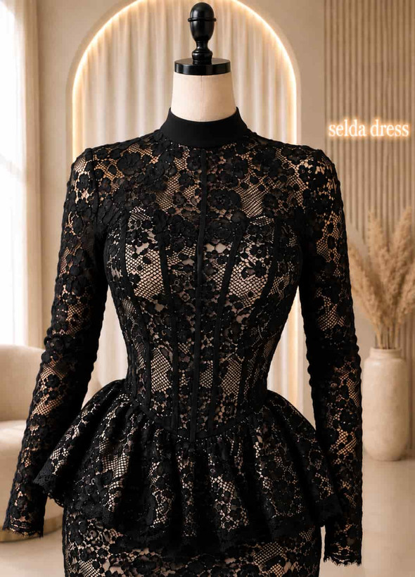 مدل لباس مجلسی پوشیده زنانه و دخترانه پیراهن دانتل گیپور ۲۰۶۵